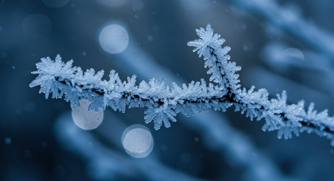 Delicate Ice Crystals on Frozen Twig in Cold Blue Tones