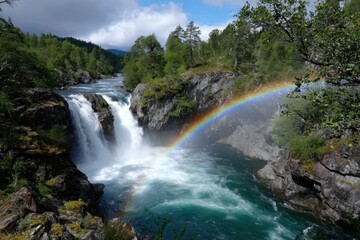 Fototapeta premium Waterfall cascades with vibrant rainbow in serene forest landscape