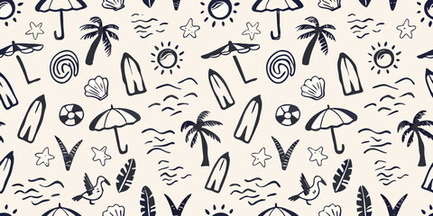 Whimsical hand drawn summer beach vacation pattern with palm trees surfboards umbrellas and seashells