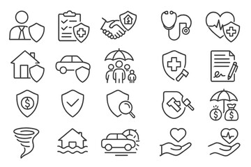 Insurance icons line set. Vector collection of business, health, life, car, home, and property protection symbols. Policy, safety, disaster, flood, tornado, and family care concepts.