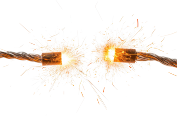 High voltage electric spark occurring between two wires during a demonstration of electrical energy and conductivity at a laboratory or workshop