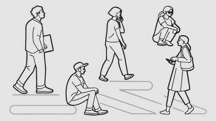 People in Different Poses Including Standing, Walking, Sitting, and Talking Outlined, Symbol for architecture and landscape drawing, Simple People line cad art