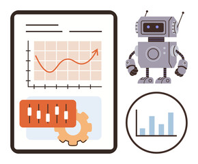 Robot alongside a line chart, bar graph, gear, and controls, representing data analysis, automation, and AI. Ideal for technology, innovation business industry analytics research simple flat