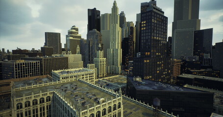 Fototapeta premium Skyscrapers tower over a vibrant cityscape, blending historical and contemporary buildings against a moody sky, showcasing urban life and architectural diversity.
