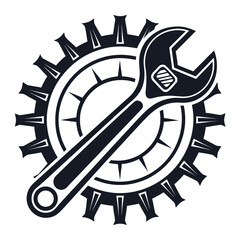 Black wrench and gear emblem on white background logo