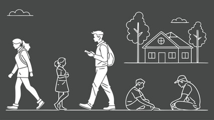 People in Different Poses Including Standing, Walking, Sitting, and Talking Outlined, Symbol for architecture and landscape drawing, Simple People line cad art