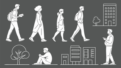 People in Different Poses Including Standing, Walking, Sitting, and Talking Outlined, Symbol for architecture and landscape drawing, Simple People line cad art