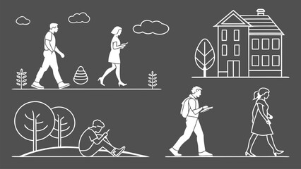 People in Different Poses Including Standing, Walking, Sitting, and Talking Outlined, Symbol for architecture and landscape drawing, Simple People line cad art