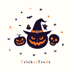 Spooky halloween characters and bats with trick or treat text