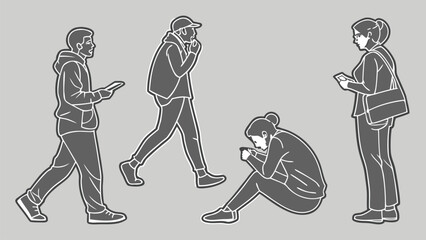 People in Different Poses Including Standing, Walking, Sitting, and Talking Outlined, Symbol for architecture and landscape drawing, Simple People line cad art