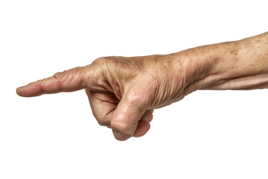 Elegant hand gesture of an aged individual pointing with grace during a thoughtful conversation near a window in soft afternoon light