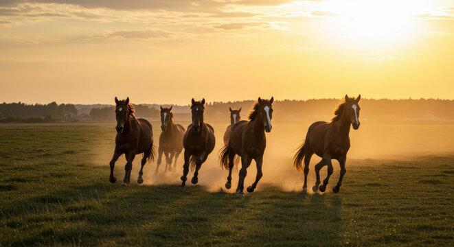 Herd of Horses Running Across Field at Sunset - Powered by Adobe