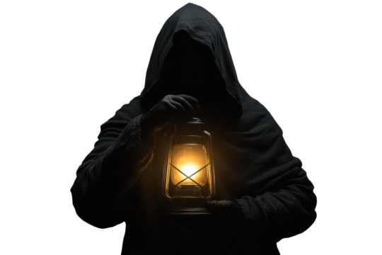 Hooded figure holds glowing lantern in dark setting, creating an atmosphere of mystery and intrigue