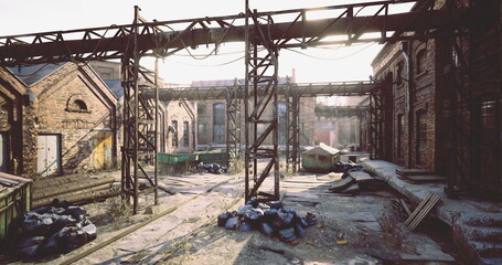 Old industrial buildings stand abandoned with rusted structures and scattered debris. Natural light filters through, illuminating the overgrown pathways and forgotten remnants of a bustling past.