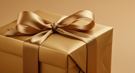 Close Up of Luxury Gold Gift Box with Satin Ribbon