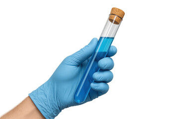 Hand in glove holding test tube with blue liquid