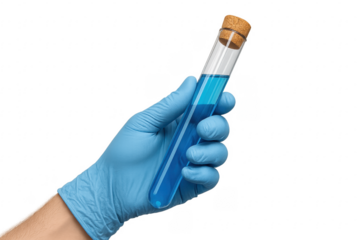 Hand in glove holding test tube with blue liquid