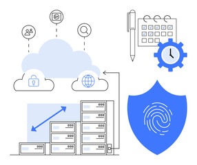 Cloud storage, data servers with growth chart, shield with fingerprint, workflow calendar, padlock, gear, user, email search icons. Ideal for data security cloud computing IT workflow