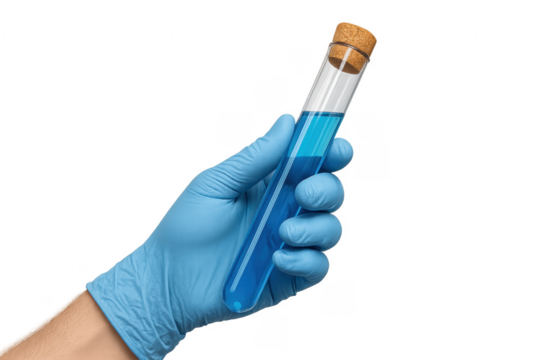 Hand in glove holding test tube with blue liquid