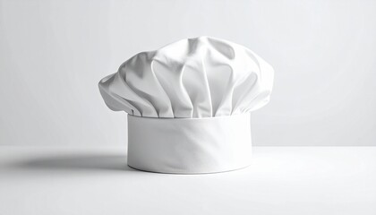 Traditional white chef’s hat with tall pleated crown and fitted band, placed on plain white background.