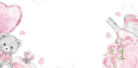 Watercolor border with teddy bear, pink roses, and a champagne bottle with heart balloons. Romantic illustration perfect for Saint Valentines Day invitations, cards, posters, and wedding templates.
