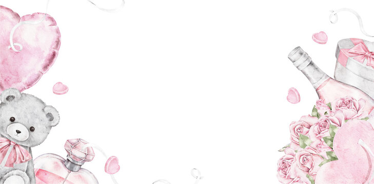 Watercolor border with teddy bear, pink roses, and a champagne bottle with heart balloons. Romantic illustration perfect for Saint Valentines Day invitations, cards, posters, and wedding templates.