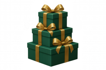 Stacked green gift boxes with golden ribbons and bows, symbolizing birthday, holiday, festive celebration