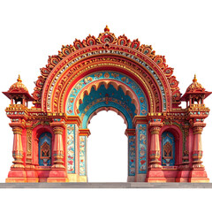 Grand Durga Puja Archway with Traditional Bengali Artwork, Front View, Isolated 