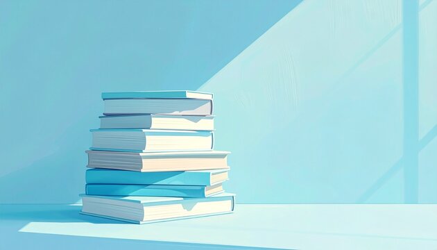 Stack of six hardcover books on flat surface with strong shadow, bright blue background, minimalistic academic scene.
