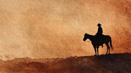 Cowboy on Horse Silhouette (Sepia Landscape)