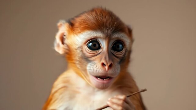 Adorable Baby Monkeys Expressive Reactions - From Chewing a Stick to a Surprised Gasp and Shyly Covering its Mouth.
