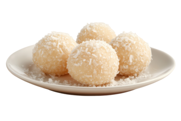 Coconut ladoo balls sit on a plate covered in shredded coconut, showcasing a delicious treat perfect for festive celebrations and gatherings