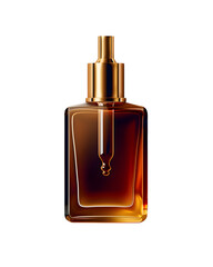 Naklejka premium Close up of a square brown bottle with a gold dropper on a white background in a studio shot