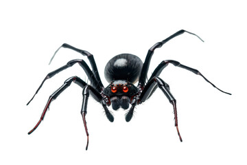 Fototapeta premium Close up of a black widow spider showcasing its distinct features and body structure in a well-lit environment highlighting its dark color and red hourglass marking
