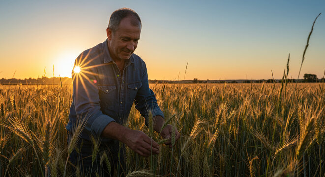 Smiling Farmer Inspecting Wheat Field at Sunset