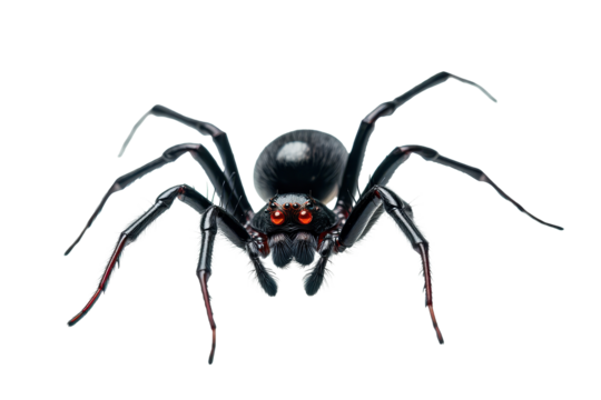 Close up of a black widow spider showcasing its distinct features and body structure in a well-lit environment highlighting its dark color and red hourglass marking