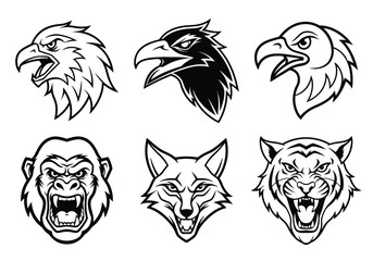 Collection of fierce animal heads including birds of prey and mammals in black and white line art. Animal Heads Vector Illustration.