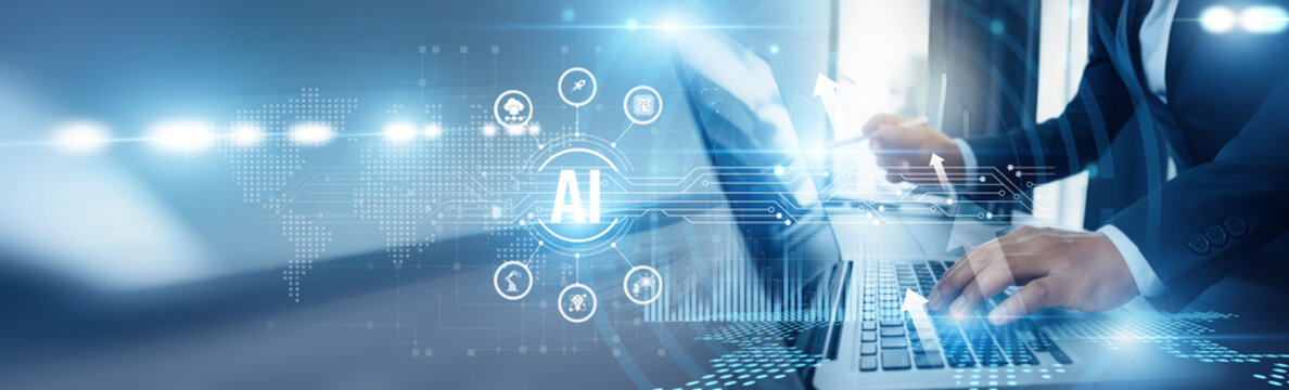 Businessman using laptop and AI analyzing technological data, machine learning algorithms, predictive analytics, robotics, computer vision, natural language processing, automation systems