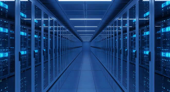 A long, narrow corridor within a data center, lined with server racks illuminated by vibrant blue lights.