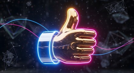 3D Futuristic Thumbs Up Emoji with Neon Glow in Digital Space
