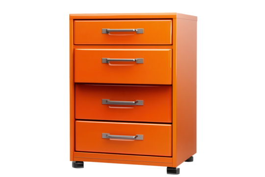 Bright orange filing cabinet stands alone against a neutral background, showcasing its vibrant color and functional design with four spacious drawers