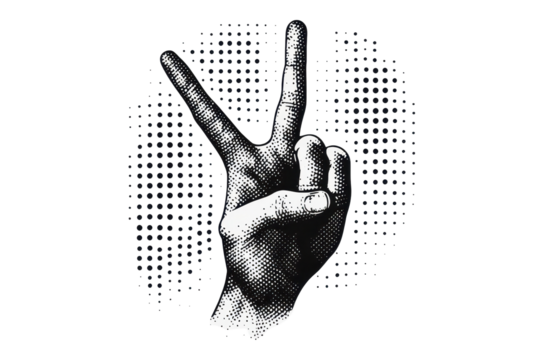 Human hand making peace sign with halftone dot design in black and white, symbolizing harmony and unity
