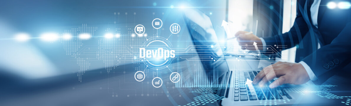 Businessman using laptop and DevOps analyzing technological data, continuous integration, automated testing, cloud deployment, containerization, agile collaboration, and infrastructure monitoring.