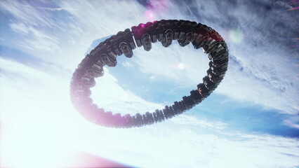 Highly detailed huge spaceship approaching to the Earth elements furnished by nasa