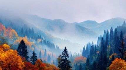Misty mountain magic: embrace the fall vibrance. Movie cover. Misty autumn forest with coniferous trees and foggy mountain backdrop. Poster graphics. Blockbuster poster.