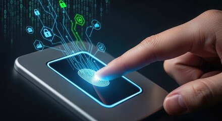 Fingerprint scan technology with digital security icons and data streams