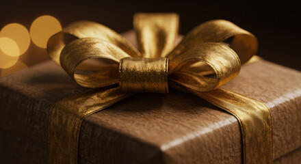 Minimalist Christmas Gift with Shiny Gold Bow and Soft Bokeh