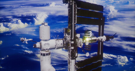 The International Space Station orbits the Earth, showcasing its impressive structure. Fluffy clouds spread across the blue sky, highlighting the beauty of space exploration.