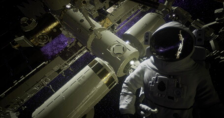 An astronaut is floating outside a space station, surrounded by the vastness of space. Bright stars and a colorful galaxy fill the background, creating a stunning cosmic view.