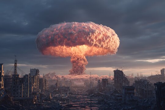 Massive mushroom cloud explosion over a devastated city skyline at dusk, symbolizing destruction and war. - Powered by Adobe